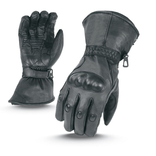 BFR 3011-Men's Black Leather Waterproof Gauntlet Gloves with Hard Knuckles